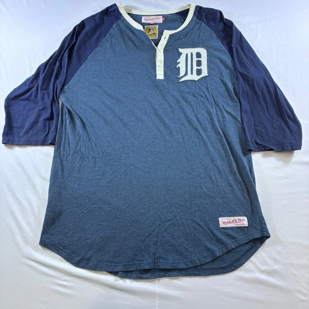 Mitchell & Ness Detroit Tigers Cooperstown Henley Shirt Mens 2XL Blue 3/4 Sleeve